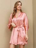 SilkSilky ES Seda Pura Manga francesa Nightgown&Robe Set Rosa 003