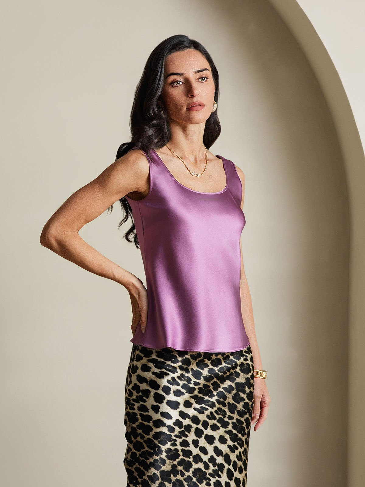 [Morado Oscuro] SilkSilky-ES 19Momme Seda Cuello en U Top de tirantes 006