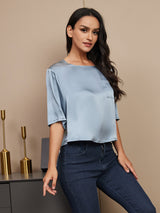 [Azul Grisáceo] SilkSilky-ES A metà Escote Cuchara Camisetas de Mujer 003