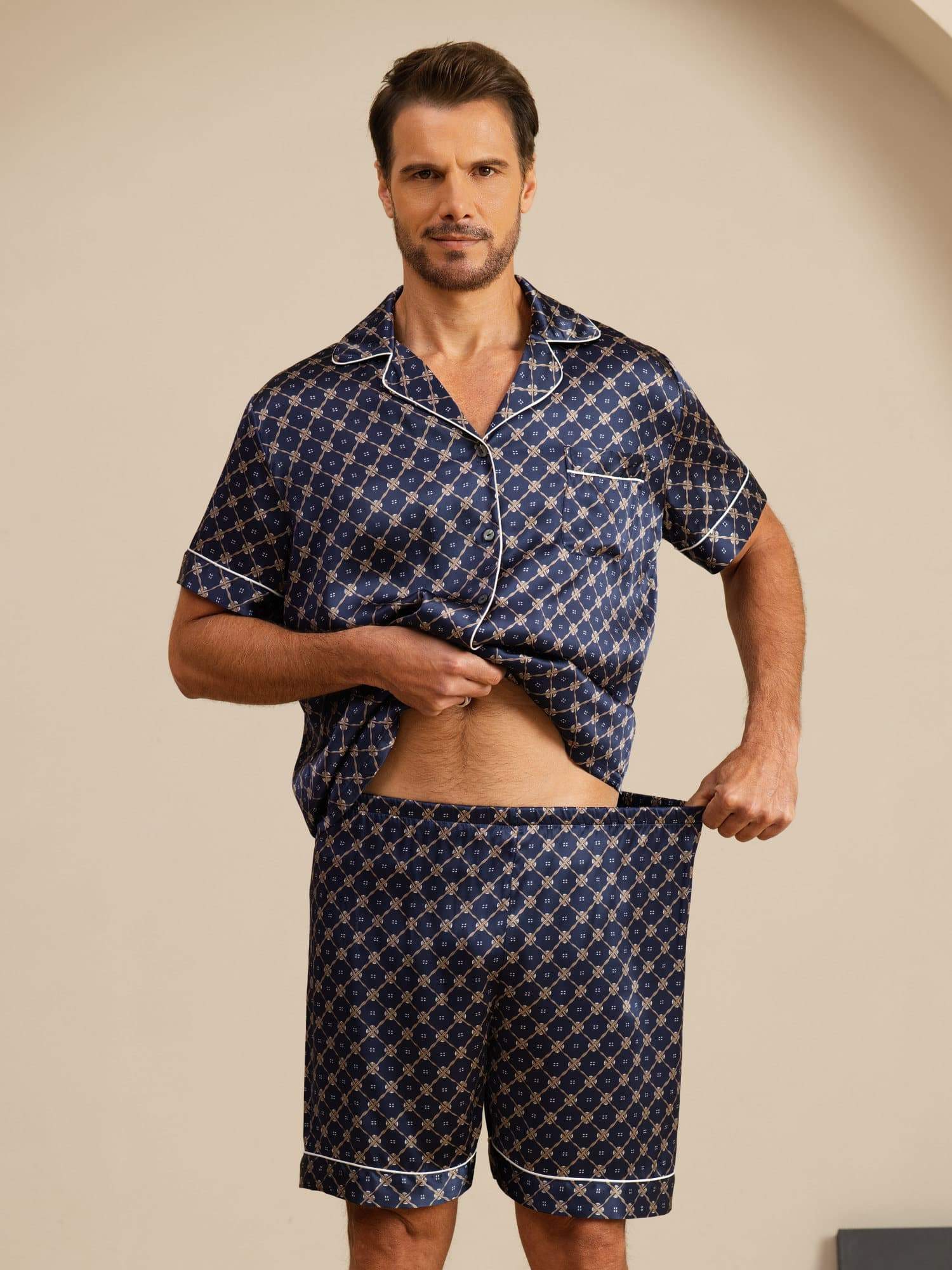 [Cadena Azul Marino] SilkSilky-ES Manga corta Cuello de Muesca Pijamas de hombre 004