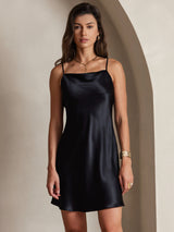 [Negro] SilkSilky-ES Spaghetti Strap Cowl Neck Vestido 003