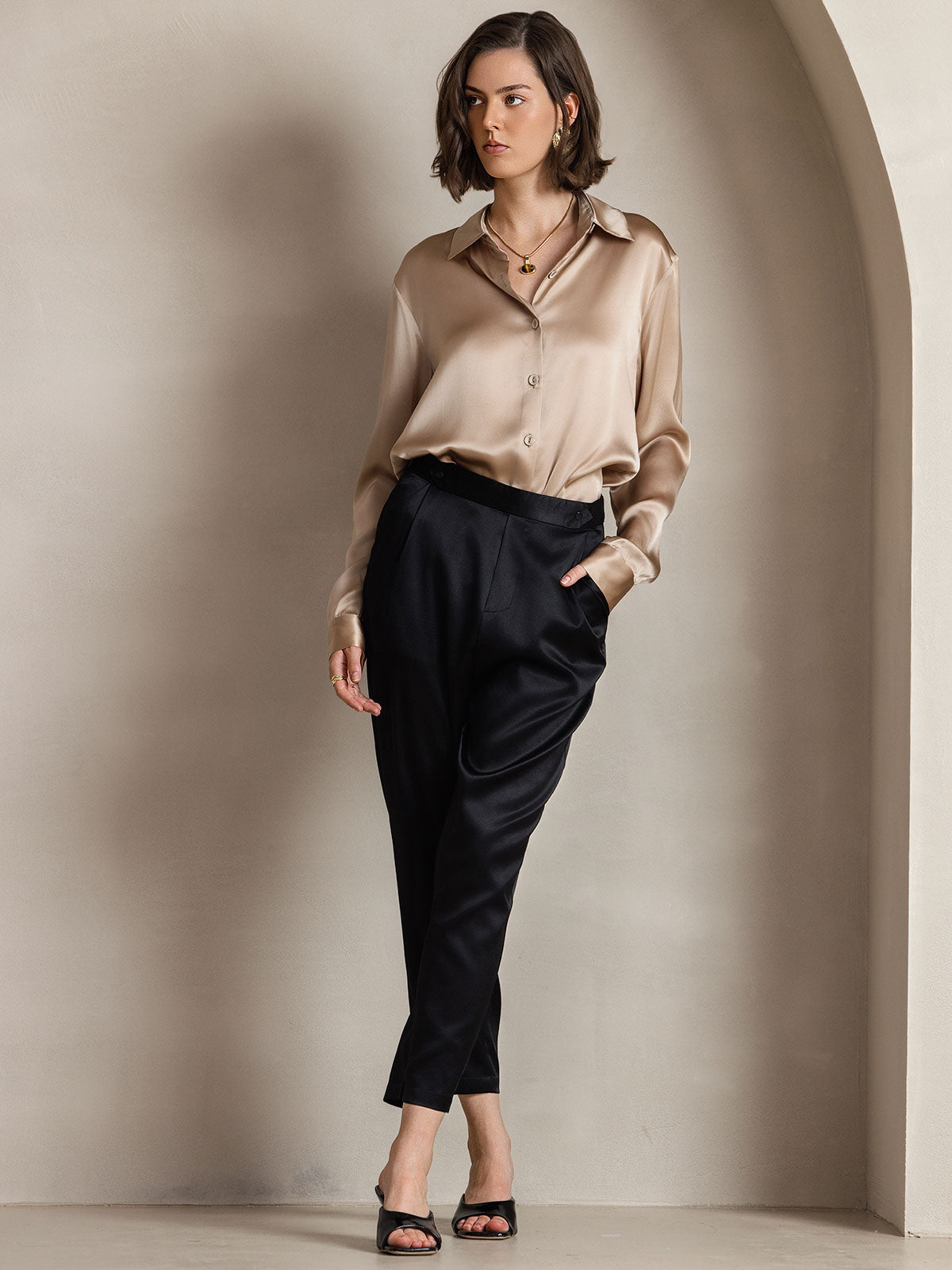 [Champán] SilkSilky-ES Seda Lapel Collar Blusas de Mujer 009