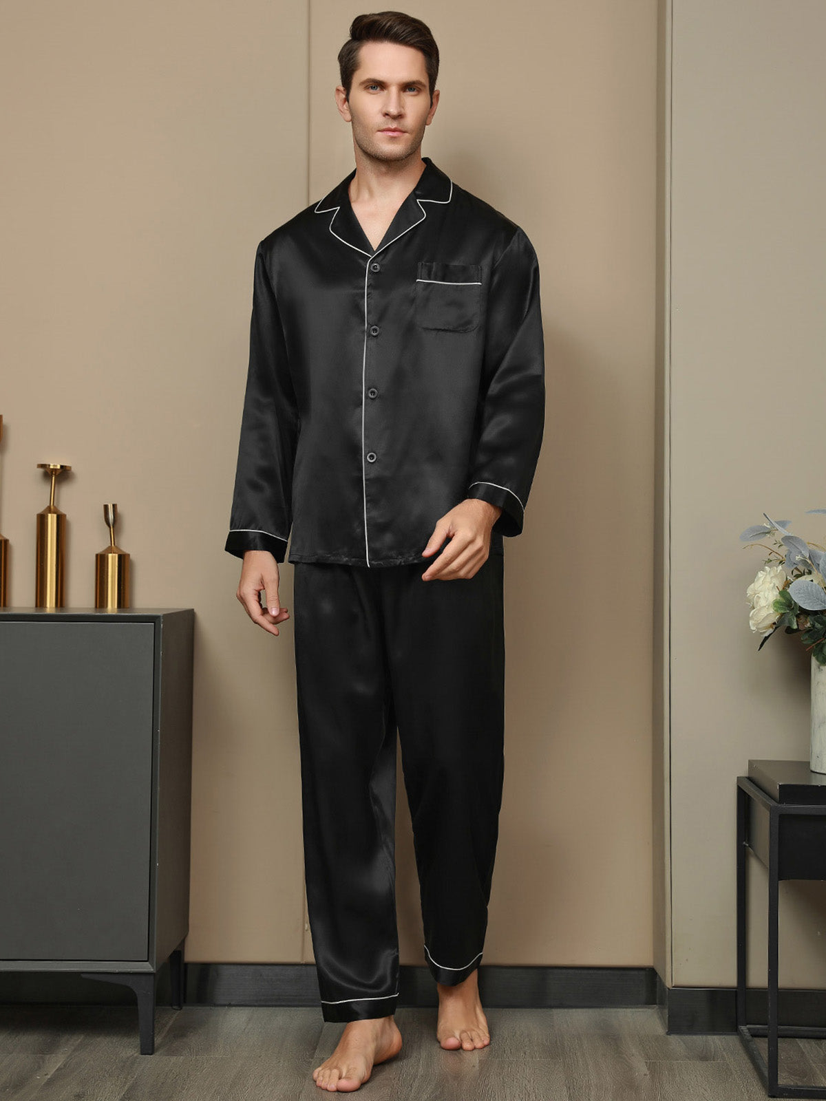 [Negro] SilkSilky-ES 19Momme Seda Pura Mens Pajamas 006