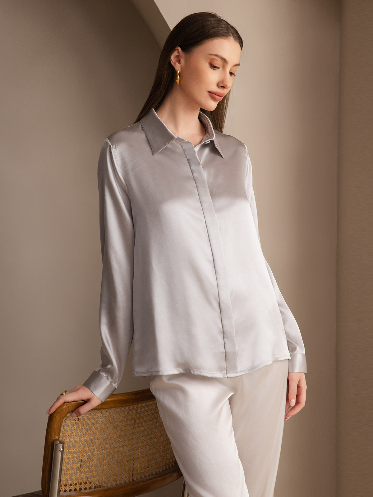 [Gris Claro] SilkSilky-ES 19Momme Seda Lapel Collar Blusas de Mujer 007