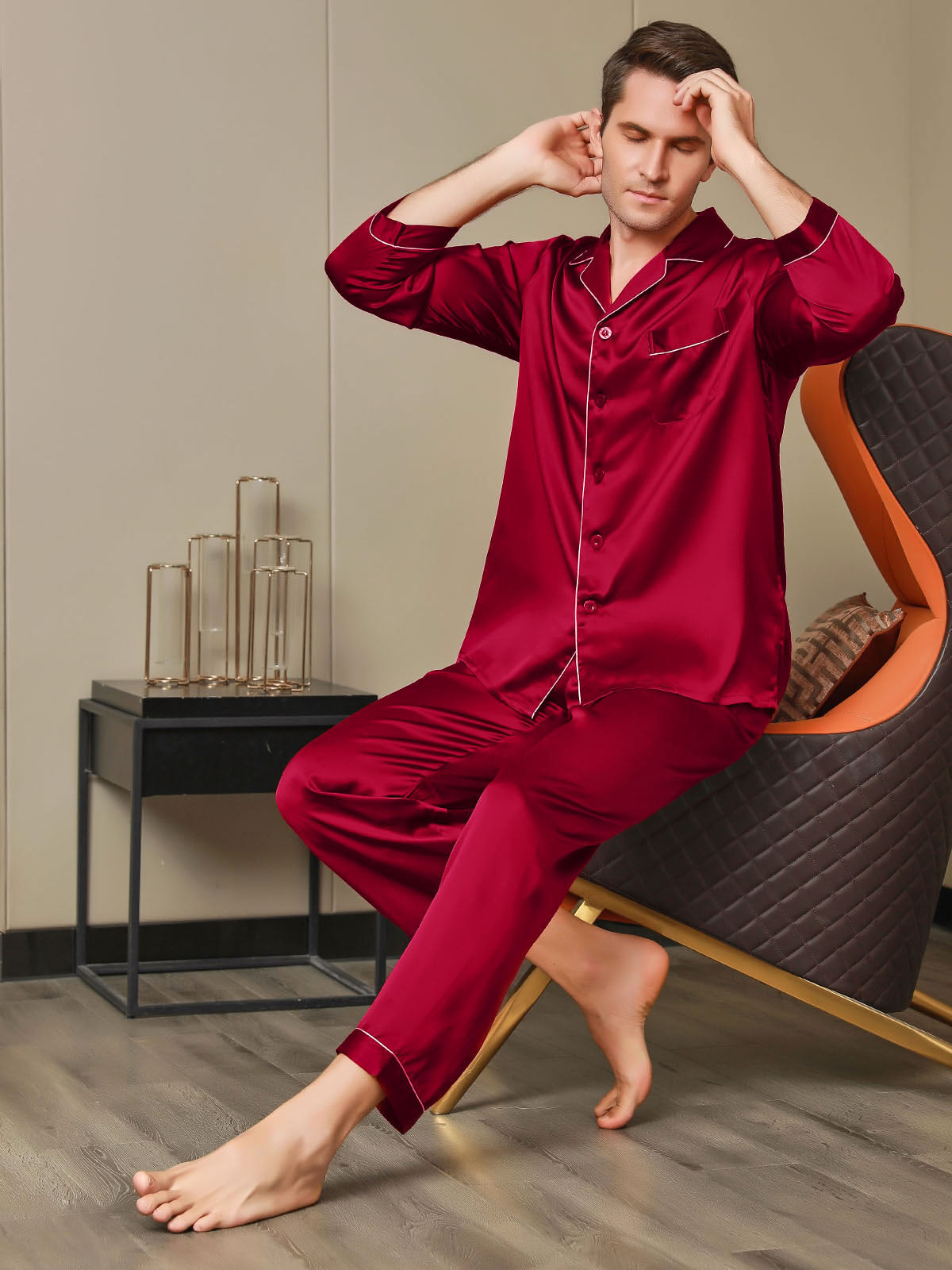 [Rojo] SilkSilky-ES 19Momme Seda Pura Mens Pajamas 005