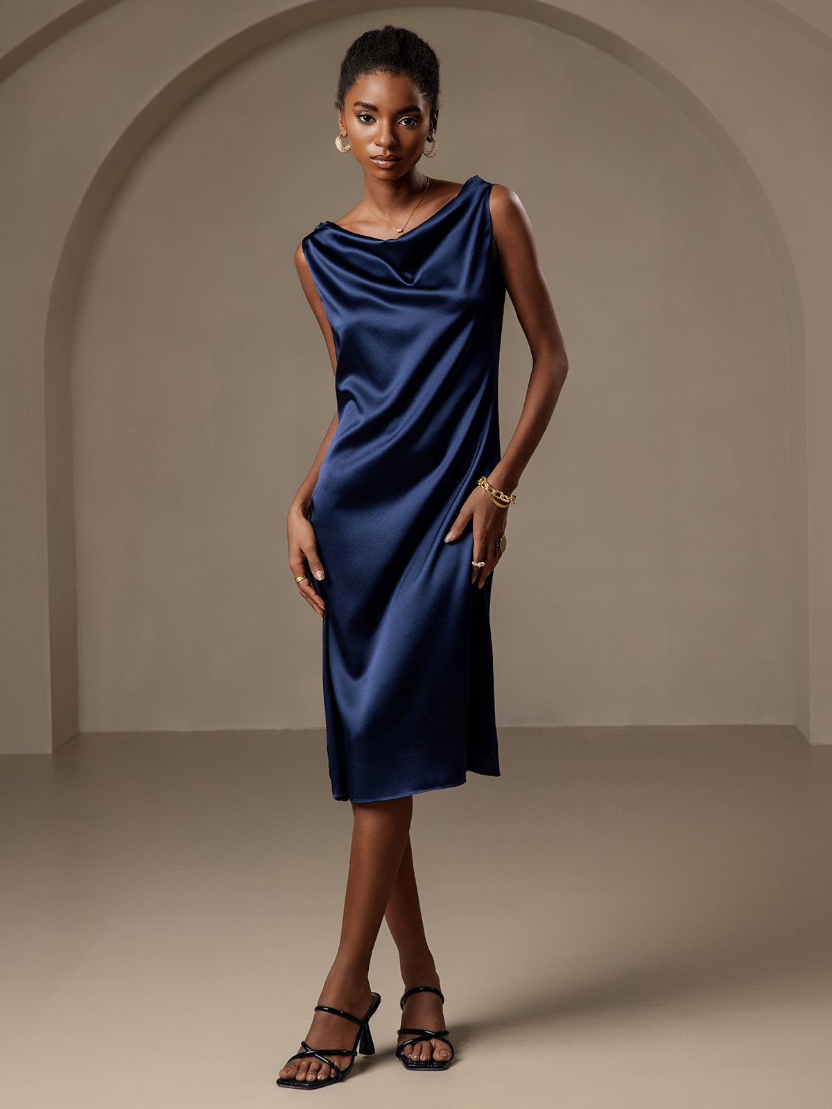 [Azul Oscuro] SilkSilky-ES 19Momme Sin mangas Vestido 001