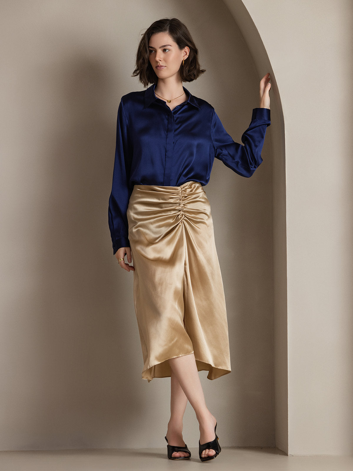 [Azul Oscuro] SilkSilky-ES 19Momme Seda Lapel Collar Blusas de Mujer 001