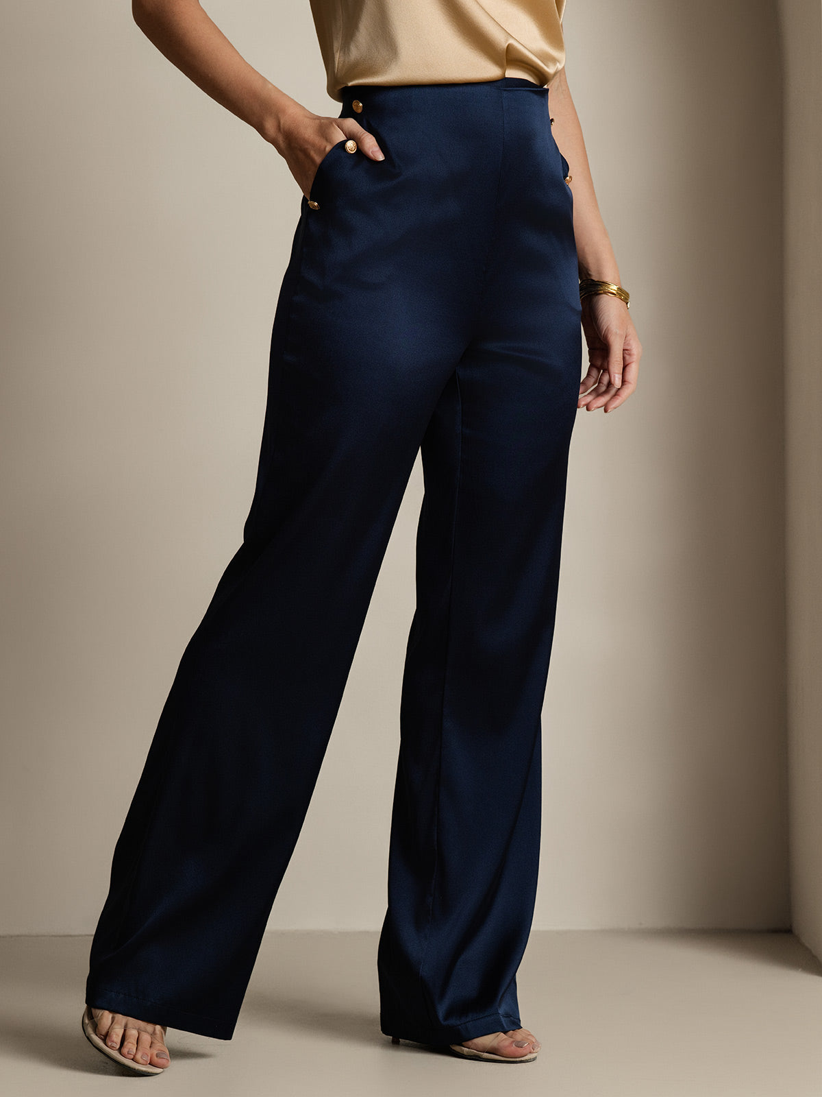 [Azul Oscuro] SilkSilky-ES 19Momme Seda Womens Pants 004