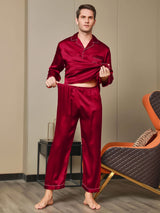 [Rojo] SilkSilky-ES Long Sleeve Lapel Collar Pijamas de hombre 007