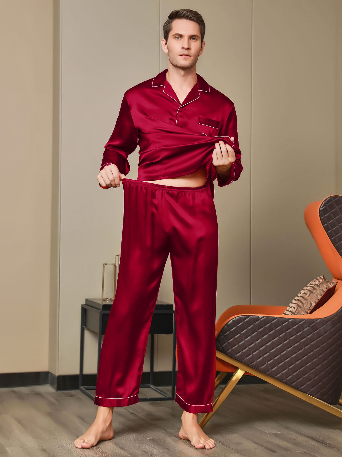 [Rojo] SilkSilky-ES Manga larga Cuello de Muesca Pijamas de hombre 007