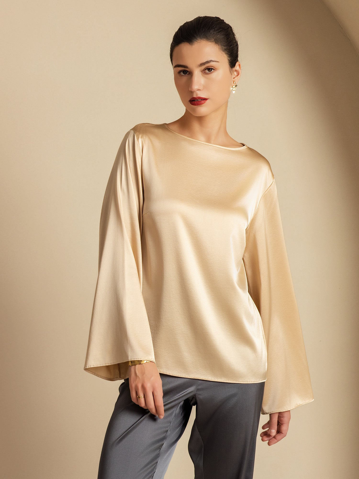 [Champán] SilkSilky-ES 19Momme Seda Womens T-Shirt 006