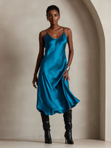 [Azul Real] SilkSilky-ES Spaghetti Strap V Neck Vestido 006