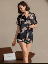 [Negro] SilkSilky-ES Short Sleeve Lapel Collar Pijamas de mujer 001