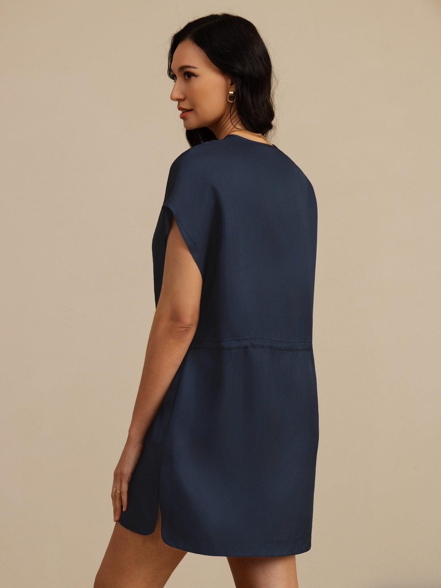 [Azul Oscuro] SilkSilky-ES 18Momme Manga Casquillo Cuello Henley Vestido 002