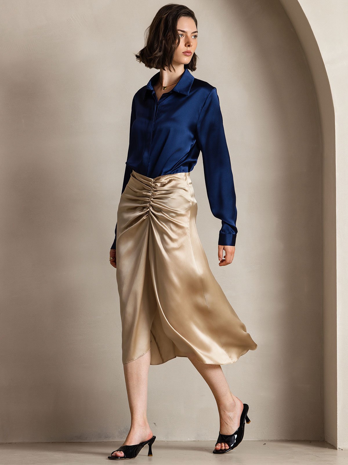 [Azul Oscuro] SilkSilky-ES 19Momme Seda Manga larga Cuello Camisero Blusas de Mujer 006