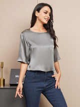 [Gris Oscuro] SilkSilky-ES A metà Escote Cuchara Camisetas de Mujer 001