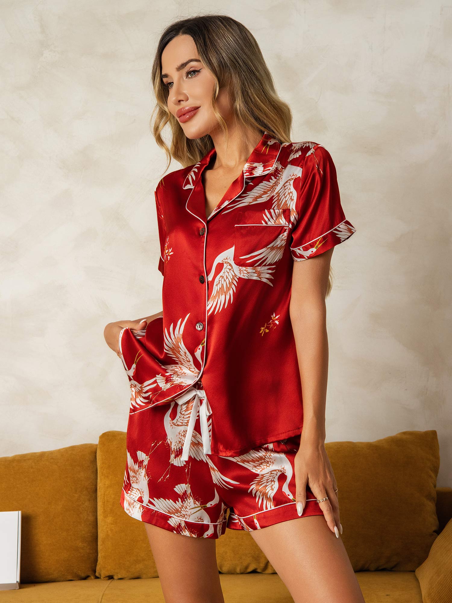 [Rojo Oscuro] SilkSilky-ES 19Momme Seda Pura Manga corta Womens Pajamas 007