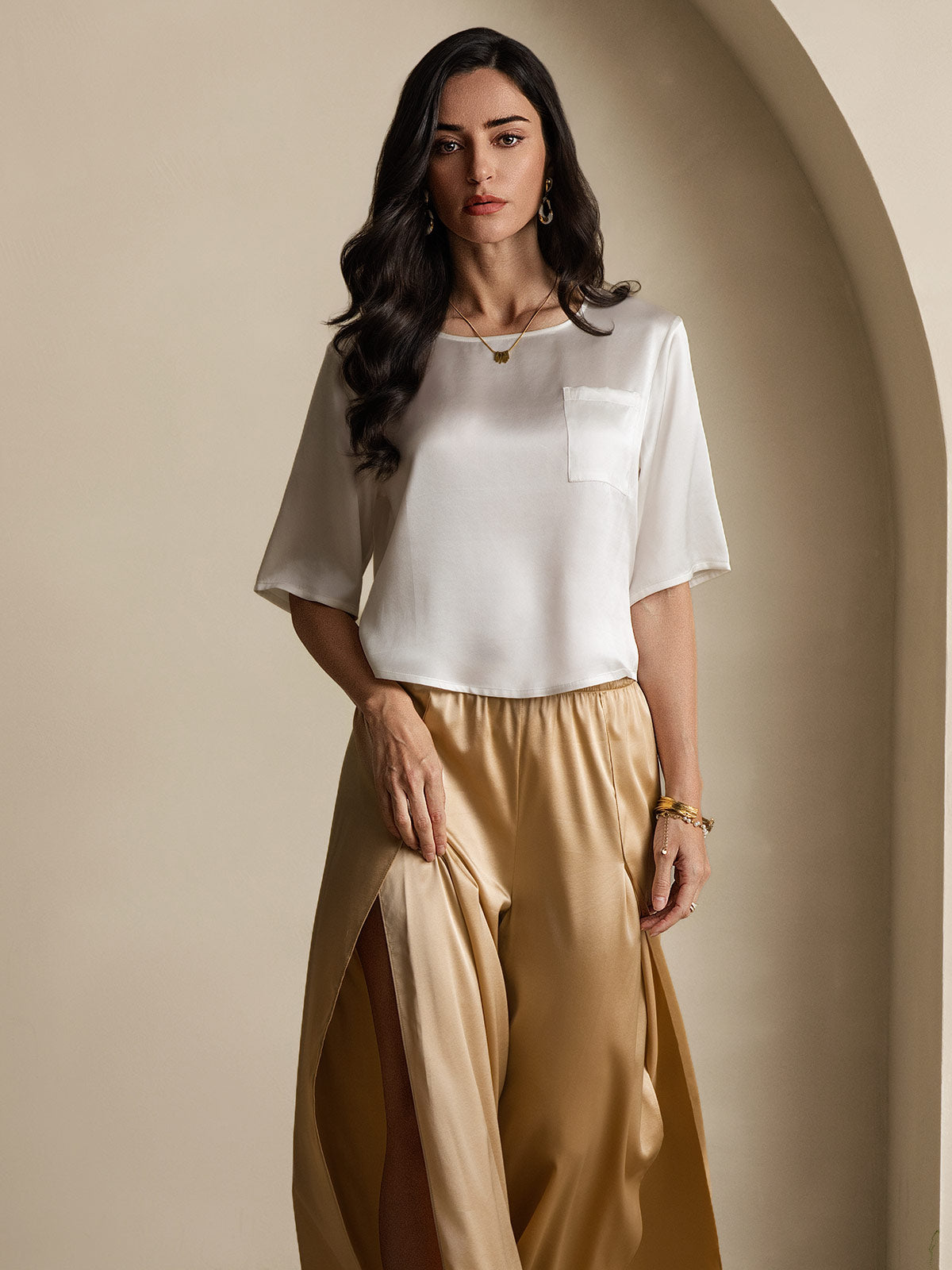 [Blanco] SilkSilky-ES Seda Pura Cuello Barco Camisetas de Mujer 007