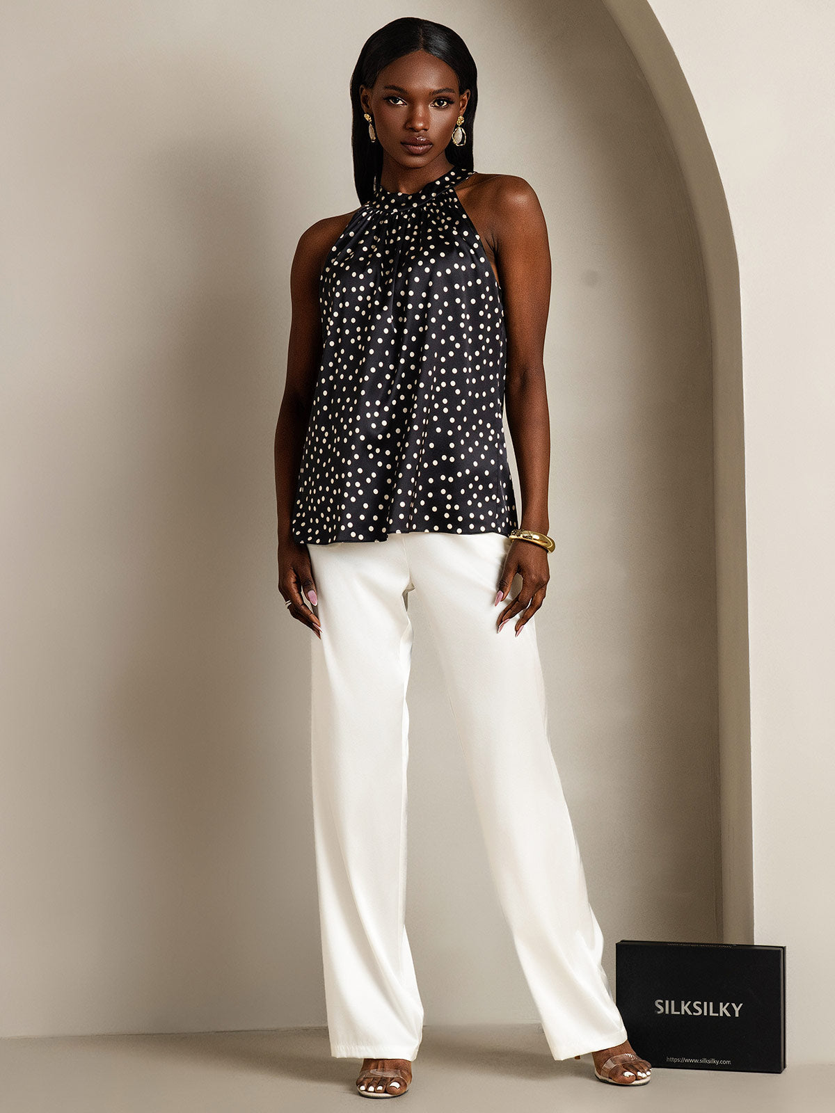 [Negro+Blanco] SilkSilky-ES 19Momme Seda Womens T-Shirt 007
