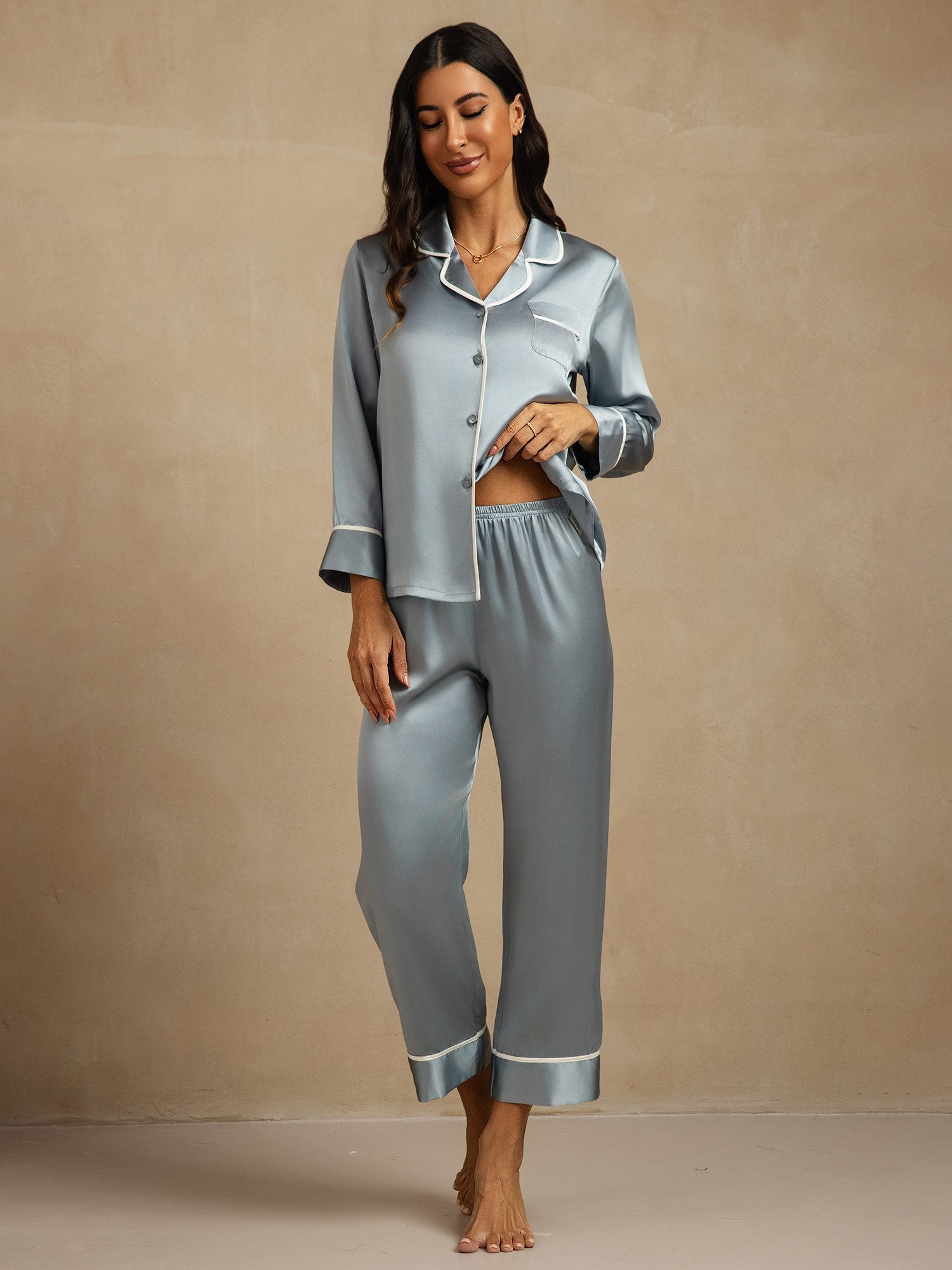 [AzulGrisáceo] SilkSilky-ES Seda Pura Cuello Camisero Pijamas de mujer 001