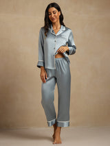 [Azul Grisáceo] SilkSilky-ES Long Sleeve Lapel Collar Pijamas de mujer 001