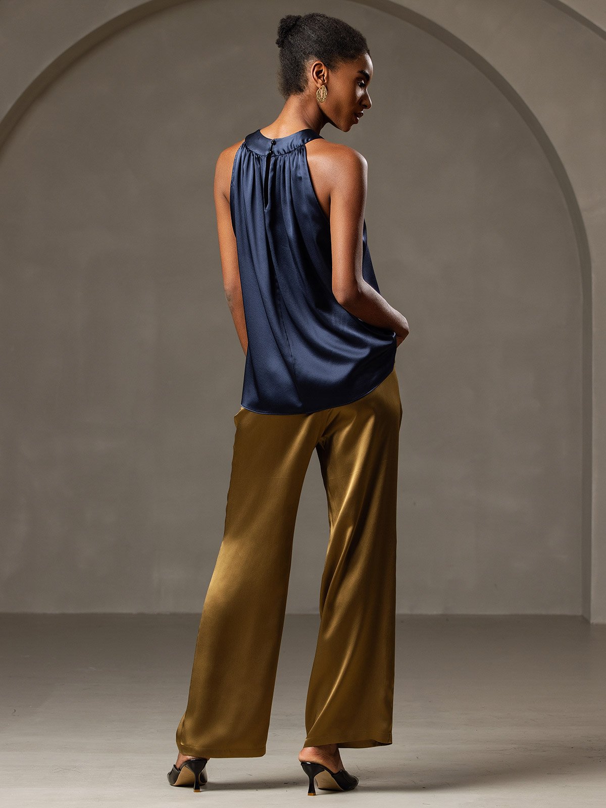 [Azul Oscuro] SilkSilky-ES 19Momme Seda Sin mangas Womens T-Shirt 002