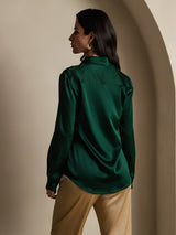 [Verde Oscuro] SilkSilky-ES Long Sleeve Lapel Collar Blusas de Mujer 002