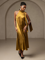 [Marrón] SilkSilky-ES Sleeveless Halter Vestido 001