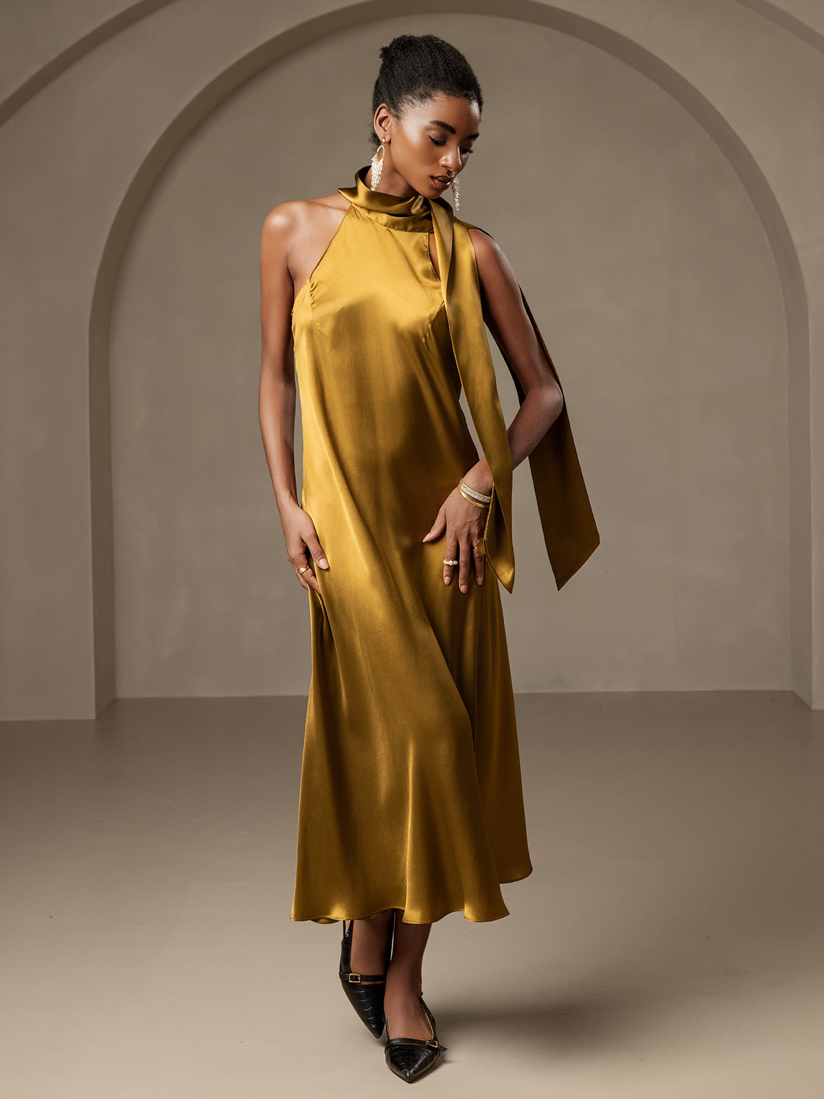 [Marrón] SilkSilky-ES 19Momme Sin mangas Vestido 001