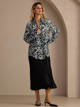 [Leopardo Azul Teal] SilkSilky-ES Long Sleeve Lapel Collar Blusa 004