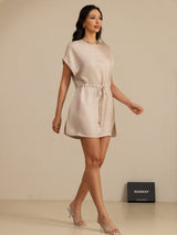 [Marrón Claro] SilkSilky-ES 18Momme Manga Casquillo Cuello Henley Vestido 006