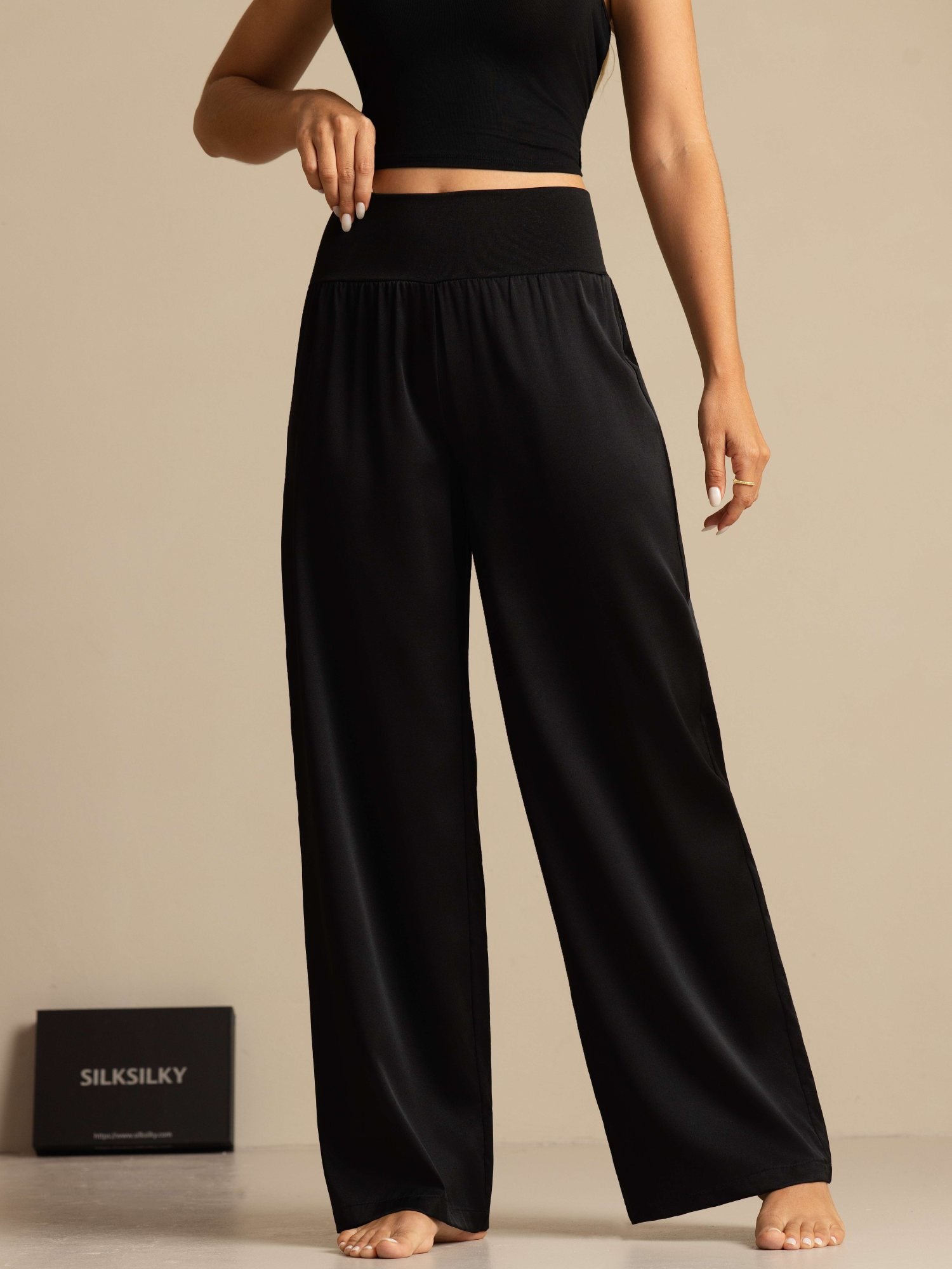 [Negro] SilkSilky-ES 19Momme Seda Womens Pants 005