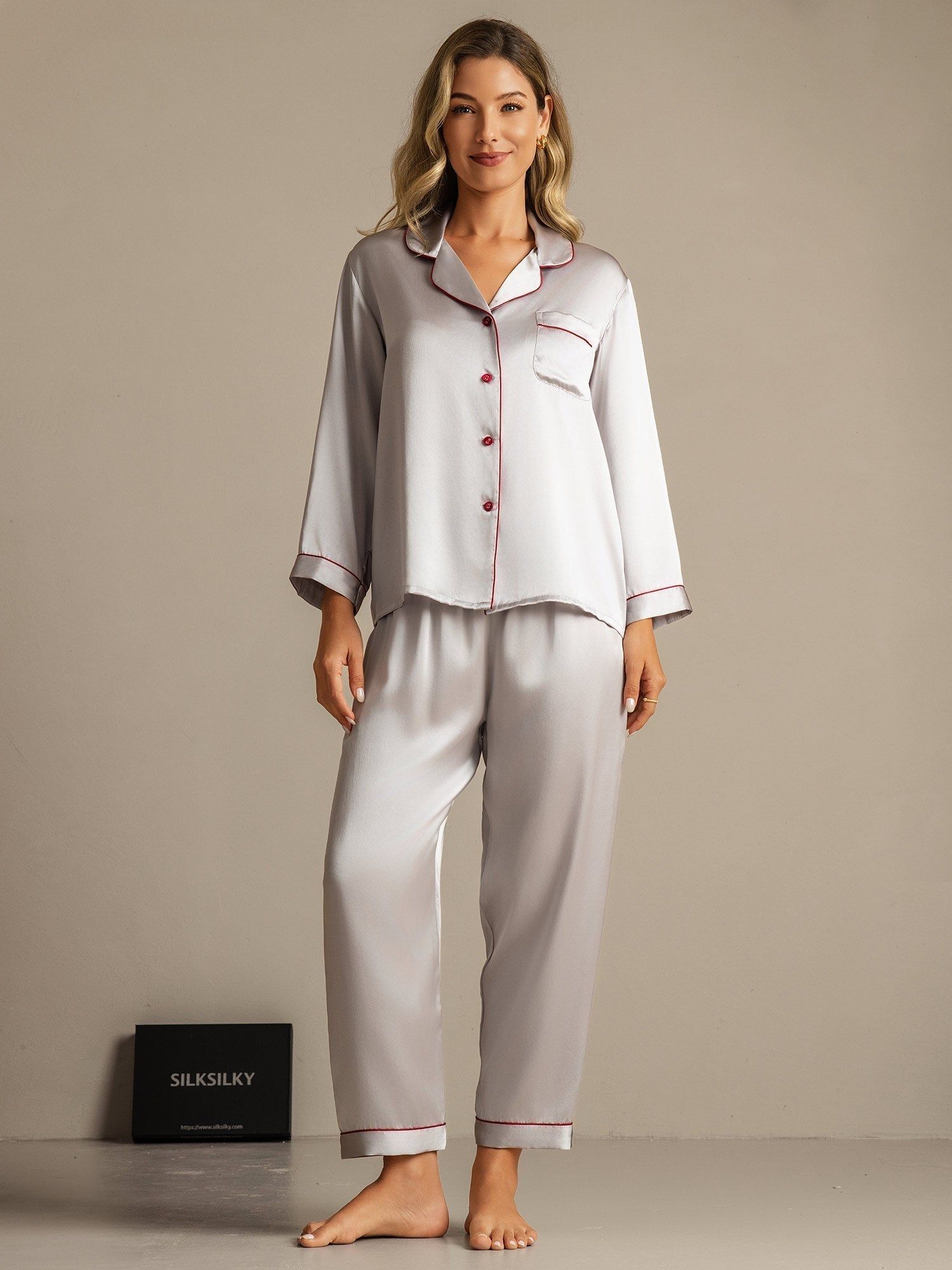 [Silver] SilkSilky-AU Pure Silk Notch Collar Women's Pyjamas 001,