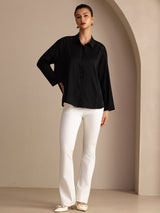 [Negro] SilkSilky-ES Long Sleeve Lapel Collar Blusa 006