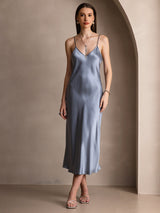 [Azul Grisáceo] SilkSilky-ES Spaghetti Strap V Neck Vestido 005