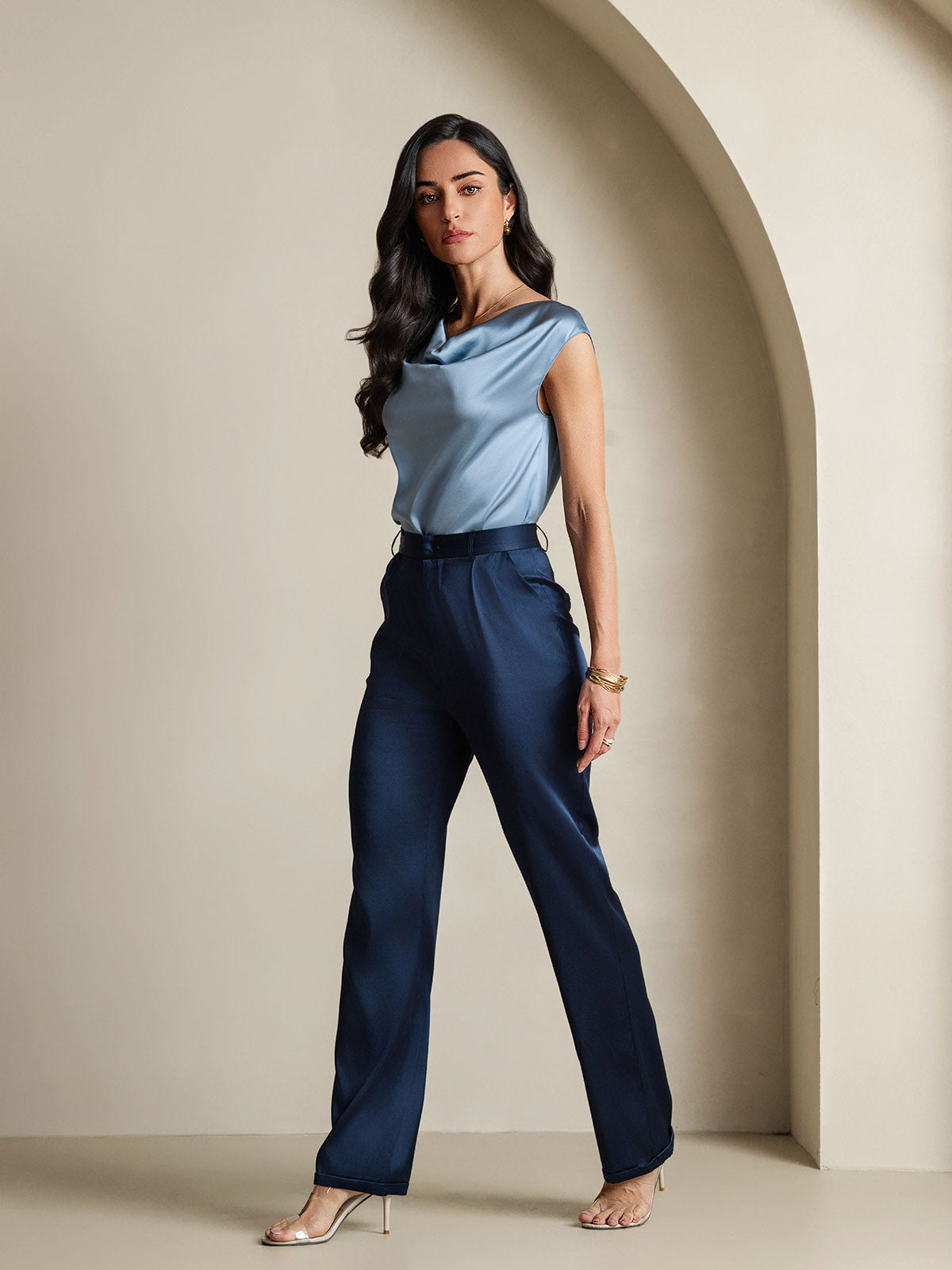 [Azul Grisáceo] SilkSilky-ES 19Momme Seda Escote Caído Camisetas de Mujer 008