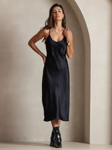 [Negro] SilkSilky-ES Spaghetti Strap V Neck Vestido 004
