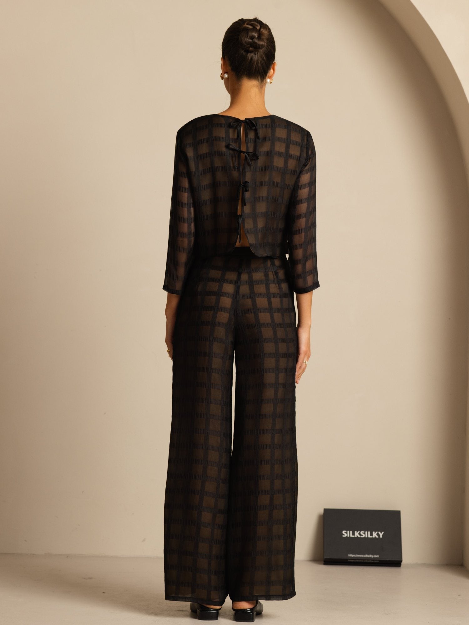 [Negro] SilkSilky-ES Seda Pura Manga larga Cuello Redondo Women''s Outfit Sets 002