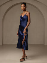 [Azul Oscuro] SilkSilky-ES Spalline Sottili Cuello Drapeado Vestido 003