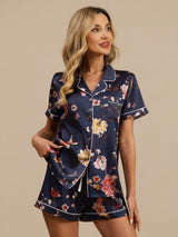 [Floral Azul Marino] SilkSilky-ES Manga corta Cuello de Muesca Pijamas de mujer 006