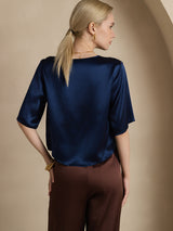 [Azul Oscuro] SilkSilky-ES A metà Escote Cuchara Camisetas de Mujer 002
