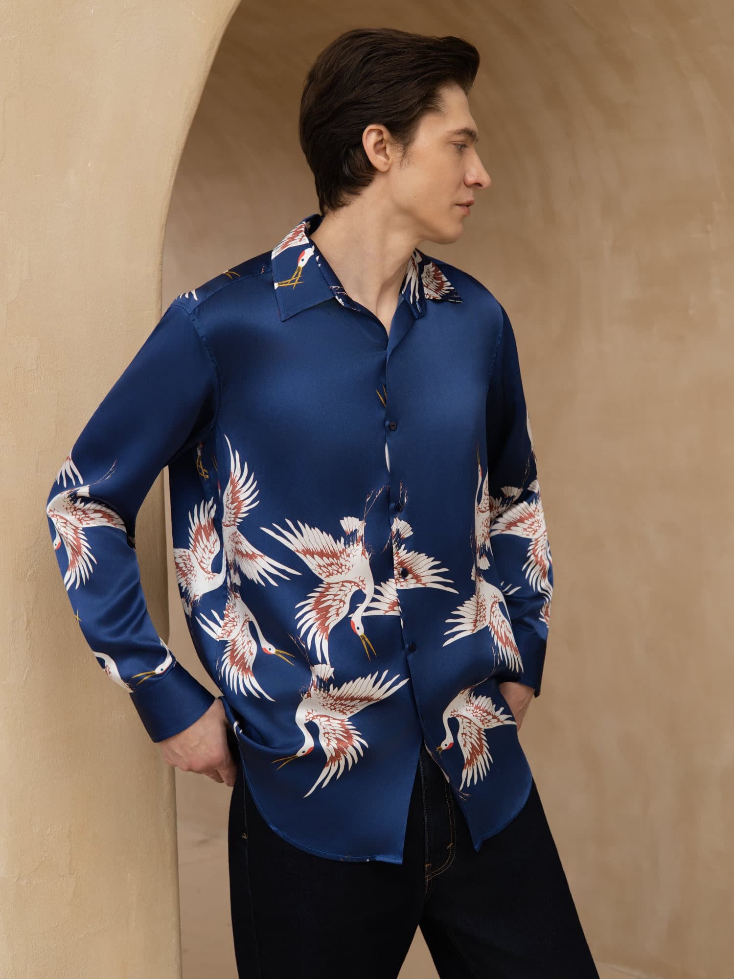 [Azul Oscuro] SilkSilky-ES 19Momme Manga larga Cuello con Solapa Camisa de hombre 001