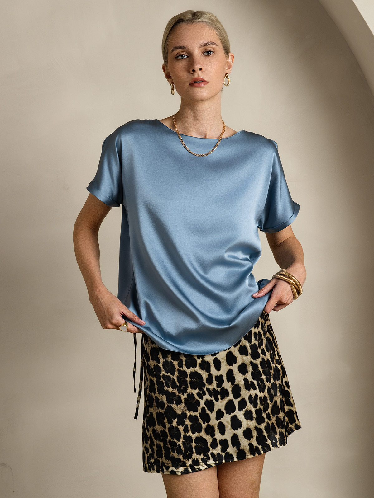 [Azul Grisáceo] SilkSilky-ES 19Momme Manga corta Cuello Barco Camisetas de Mujer 001
