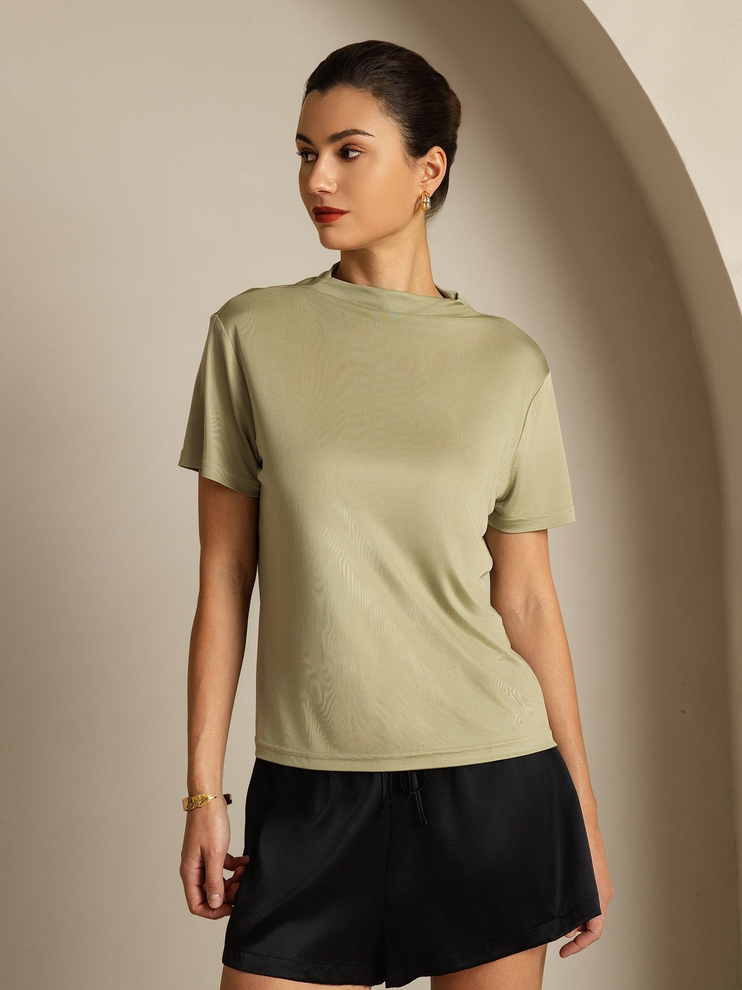[Hierba Seca] SilkSilky-ES Seda Pura Cuello Camisero Camisetas de Mujer 001
