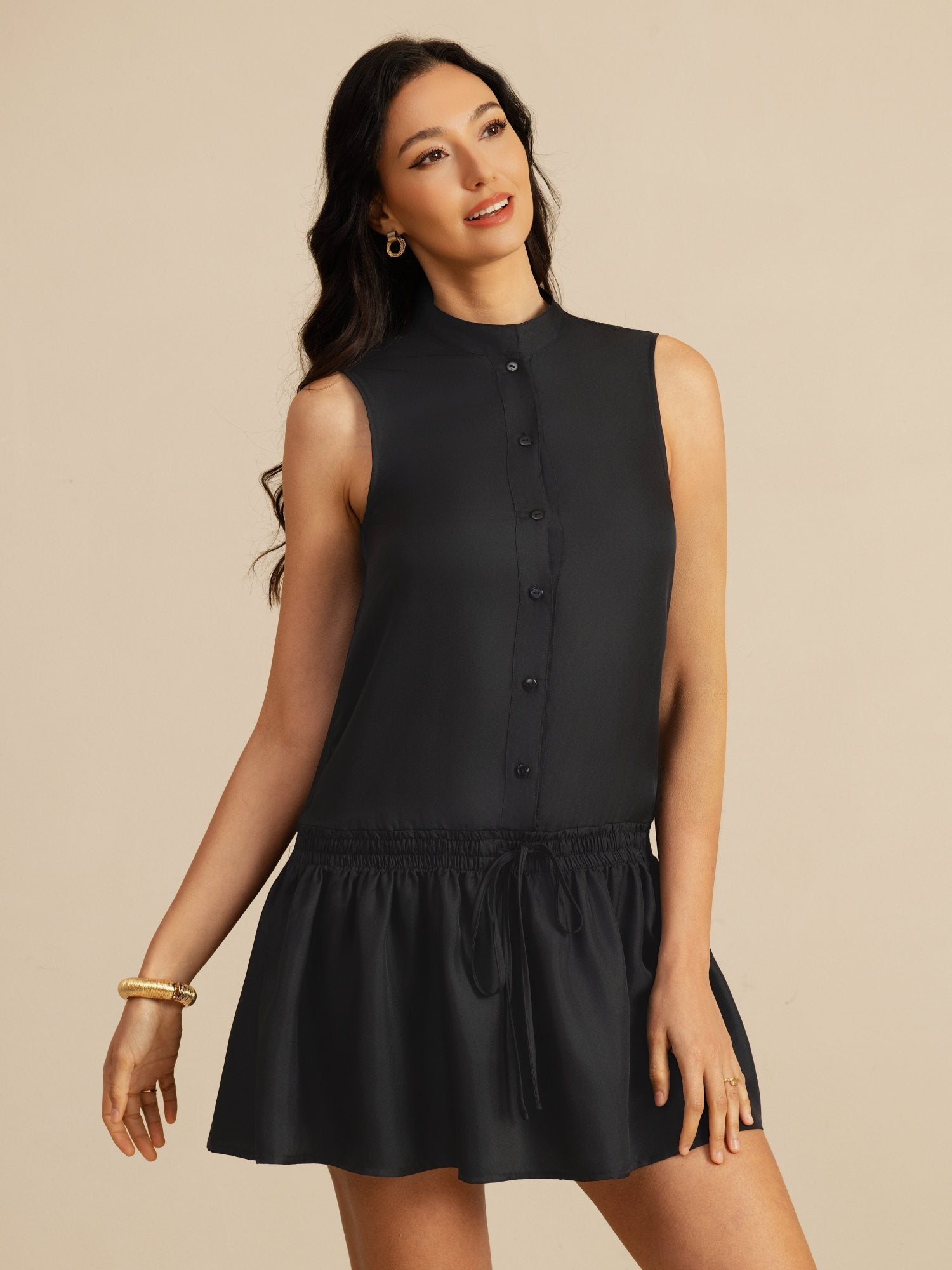 [Negro] SilkSilky-ES 18Momme Sin mangas Cuello Alto Vestido 004