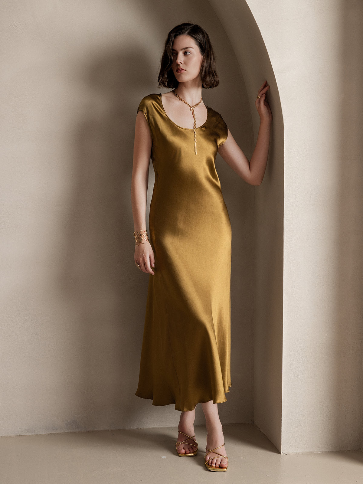 [Marrón] SilkSilky-ES 19Momme Seda Dress 006
