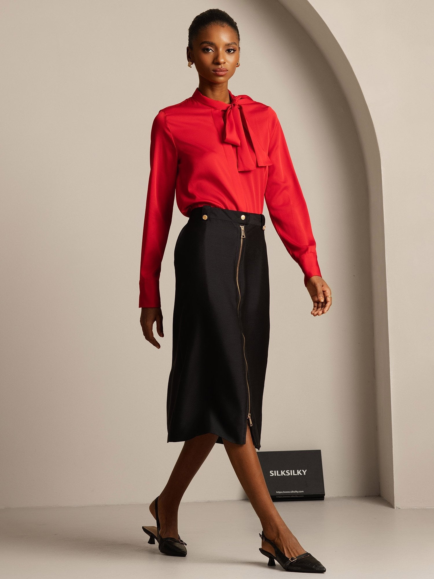 [Negro] SilkSilky-ES 32Momme Silk-Wool Blend Skirt 003,