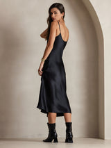 [Negro] SilkSilky-ES Spaghetti Strap V Neck Vestido 002