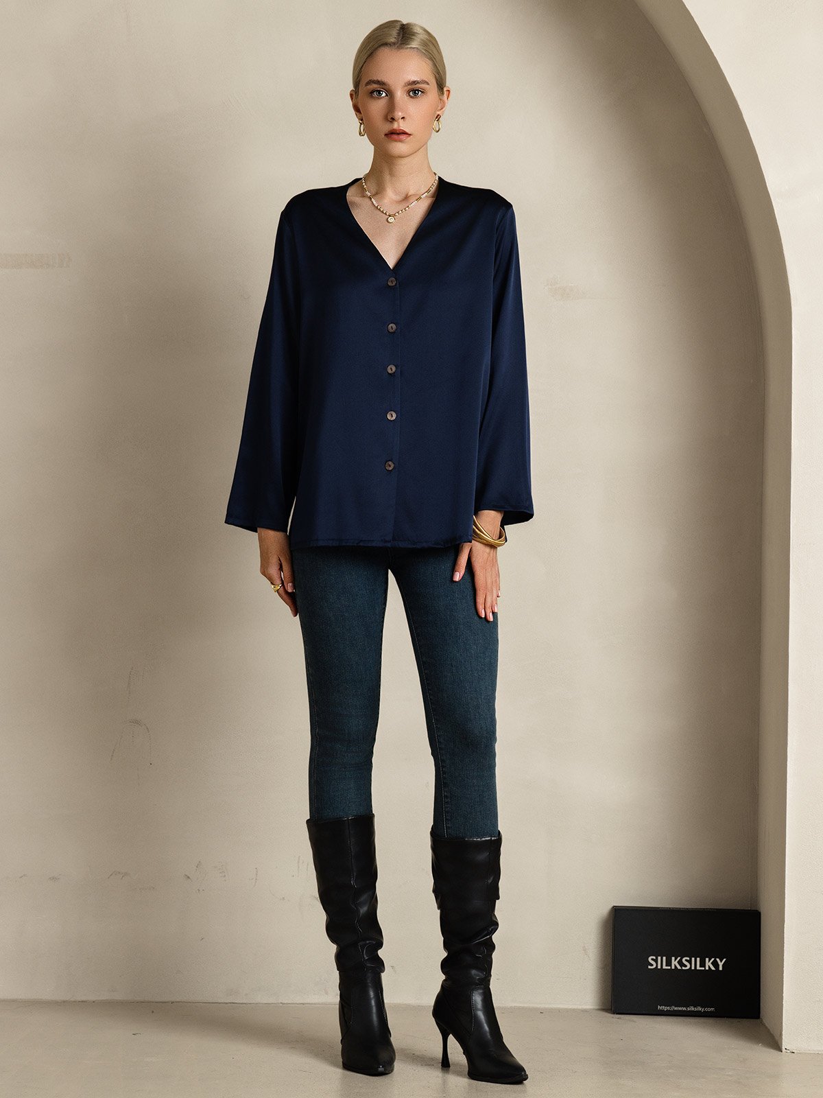 [Azul Oscuro] SilkSilky-ES 19Momme Seda Cuello en V Blusas de Mujer 006