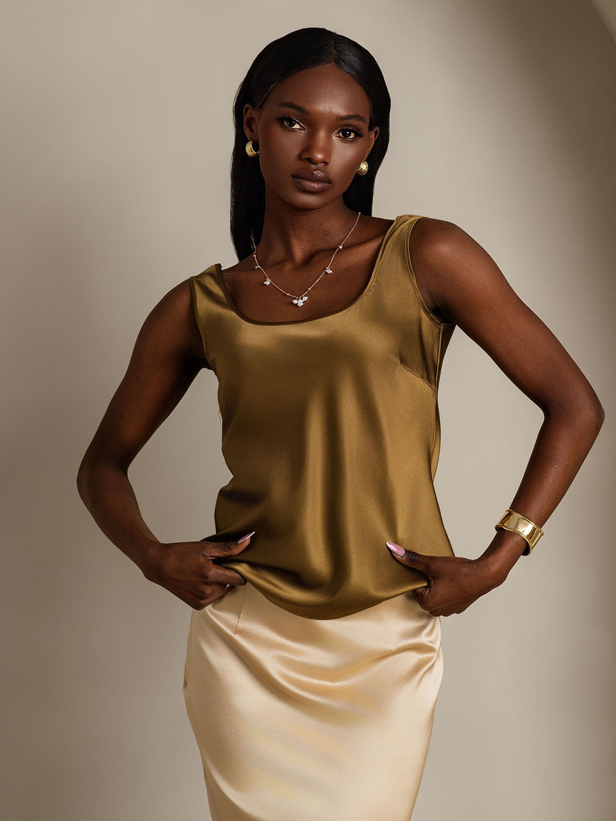 [Marrón] SilkSilky-ES 19Momme Seda Cuello en U Top de tirantes 005